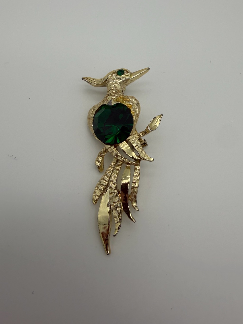 Gold-Tone Bird Brooch with Emerald Green Crystal